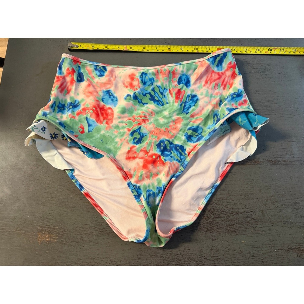 Aerie Tie Dye High Waisted Full Coverage Bikini Bottom Ruffle Blue Red Large